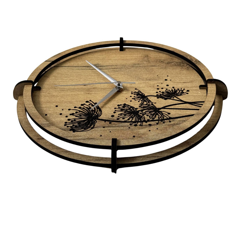 Designer clock made of HDF board with silent operation and meadow motif.