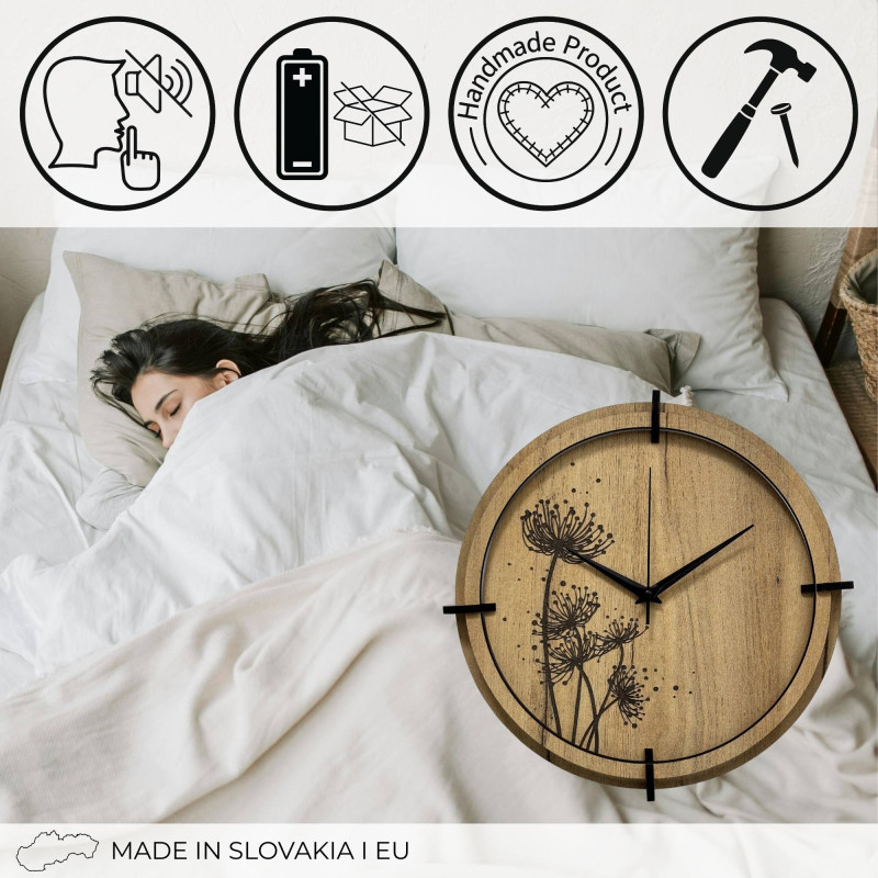 Designer clock made of HDF board with silent operation and meadow motif.