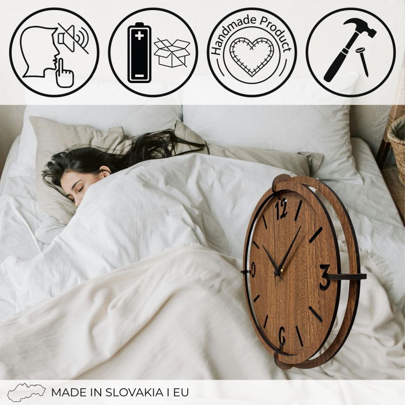 Elegant wooden wall clock made of walnut with distinctive numbers for a modern interior