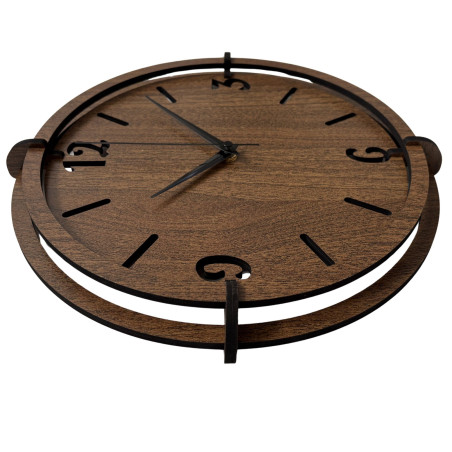 Elegant wooden wall clock made of walnut with distinctive numbers for a modern interior