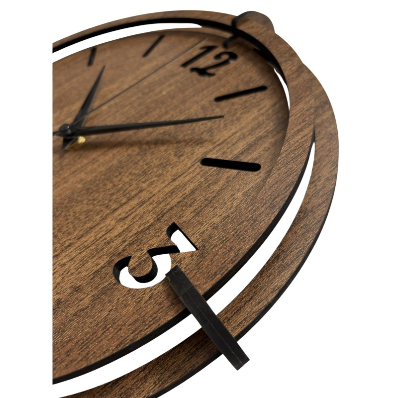 Elegant wooden wall clock made of walnut with distinctive numbers for a modern interior