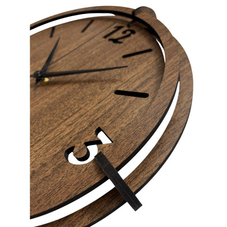 Elegant wooden wall clock made of walnut with distinctive numbers for a modern interior