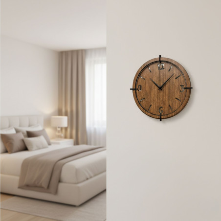 Elegant wooden wall clock made of walnut with distinctive numbers for a modern interior
