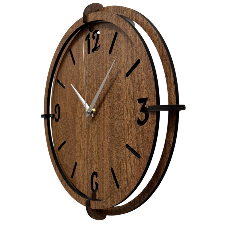 Elegant wooden wall clock made of walnut with distinctive numbers for a modern interior