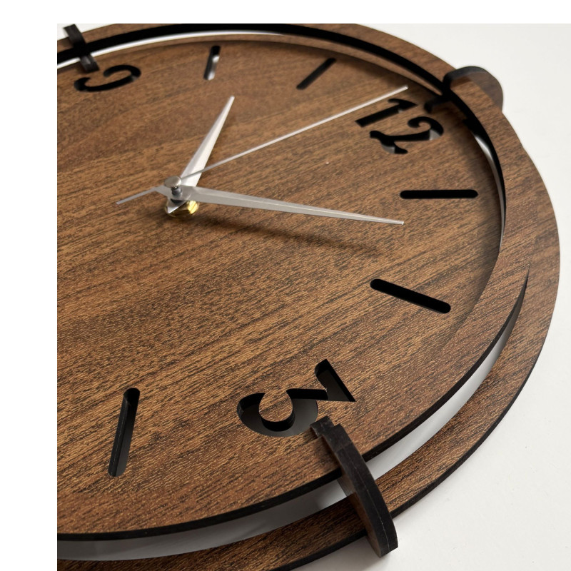 Elegant wooden wall clock made of walnut with distinctive numbers for a modern interior