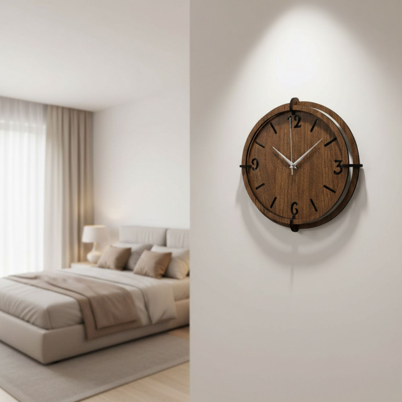 Elegant wooden wall clock made of walnut with distinctive numbers for a modern interior
