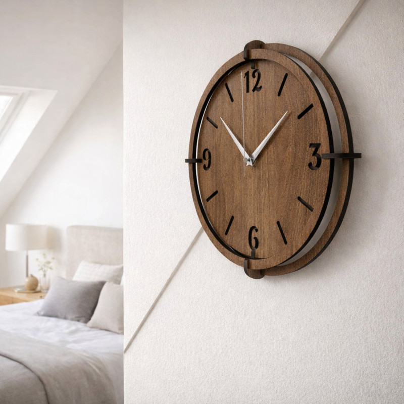 Elegant wooden wall clock made of walnut with distinctive numbers for a modern interior