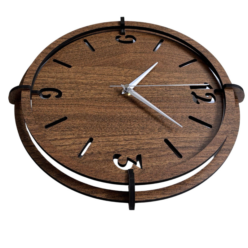 Elegant wooden wall clock made of walnut with distinctive numbers for a modern interior