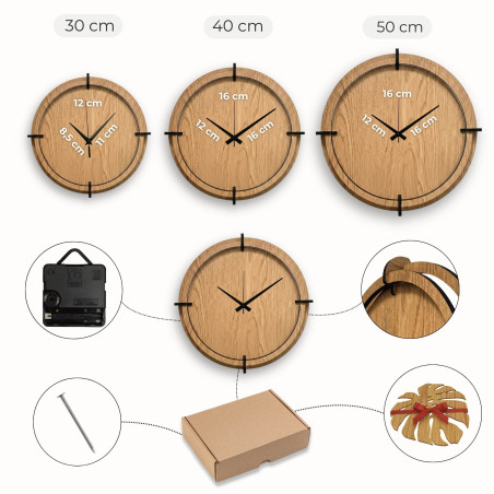 Wooden 3D clock Oak - distinctive black numbers and quiet quartz mechanism