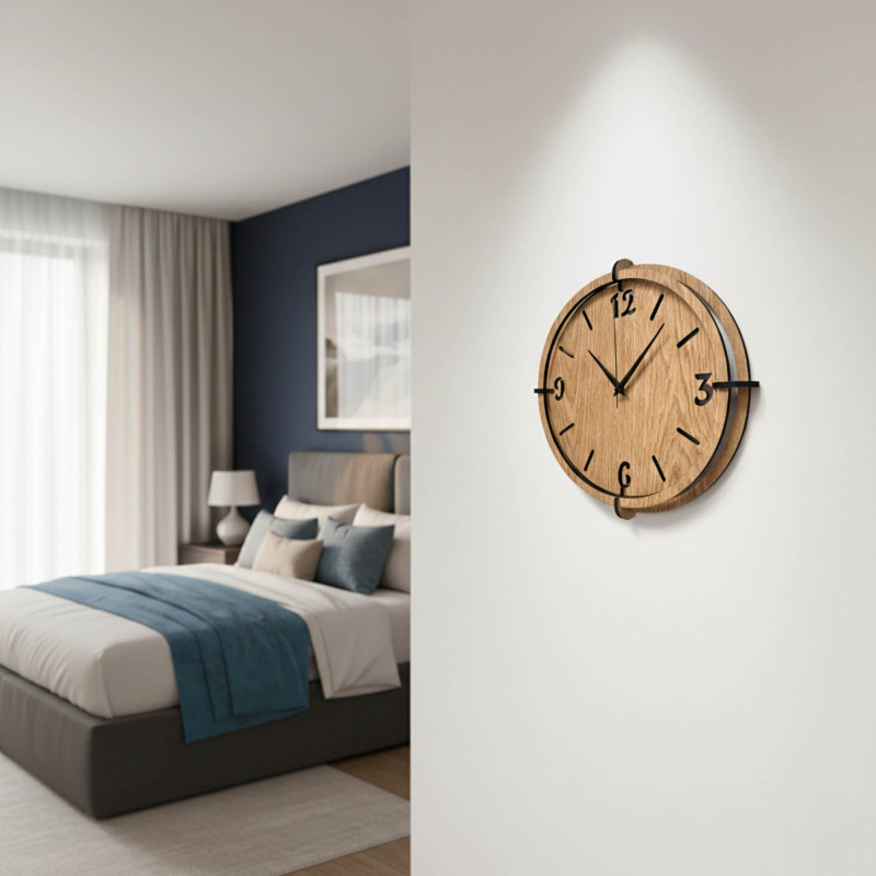 Stylish Oak clock - minimalist design and contrasting black details