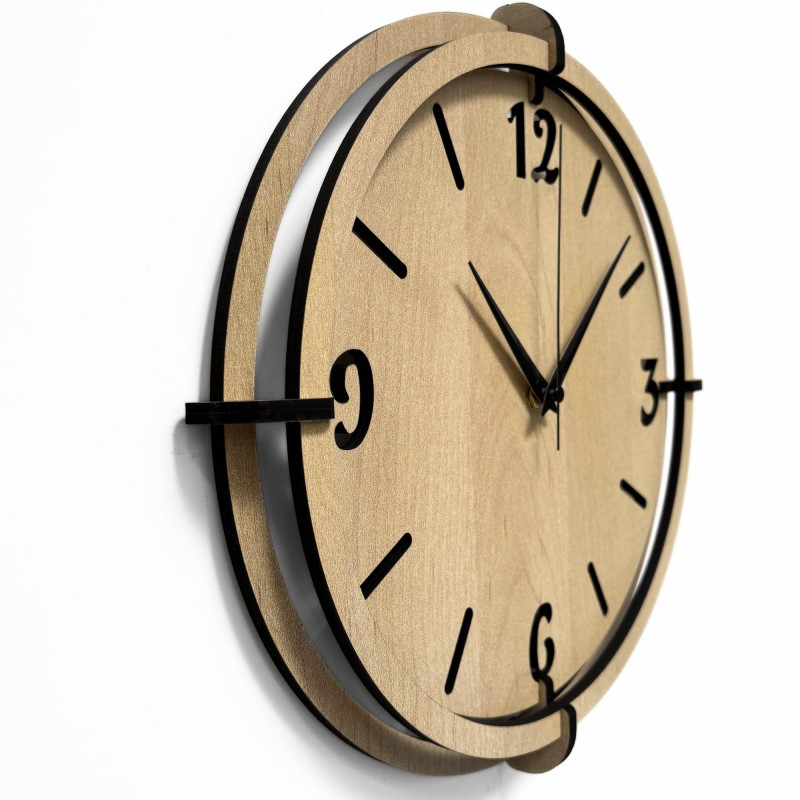 Modern wooden wall clock with plastic 3D numbers and a distinctive frame in a natural decor.