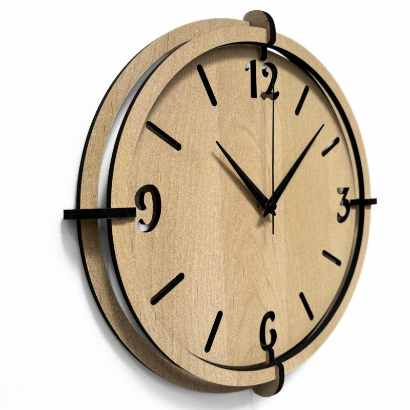 Designer clock made of HDF board with a layered dial and minimalist style for the living room.