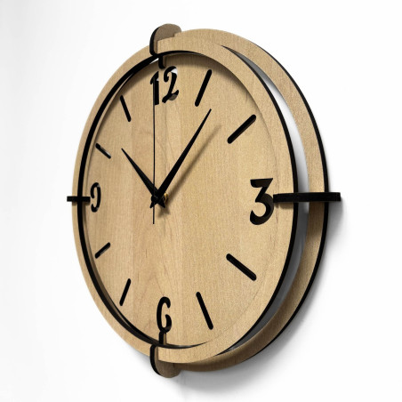 Designer clock made of HDF board with a layered dial and minimalist style for the living room.