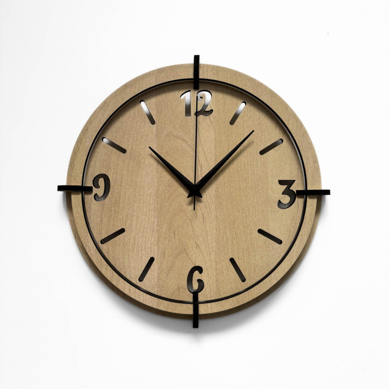 Modern wooden wall clock with plastic 3D numbers and a distinctive frame in a natural decor.