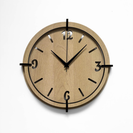 Modern wooden wall clock with plastic 3D numbers and a distinctive frame in a natural decor.