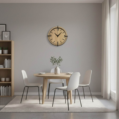 Elegant wall clock with 3D numbers, natural wood grain and a modern look.