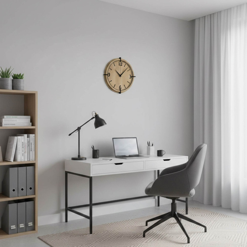 Elegant wall clock with 3D numbers, natural wood grain and a modern look.