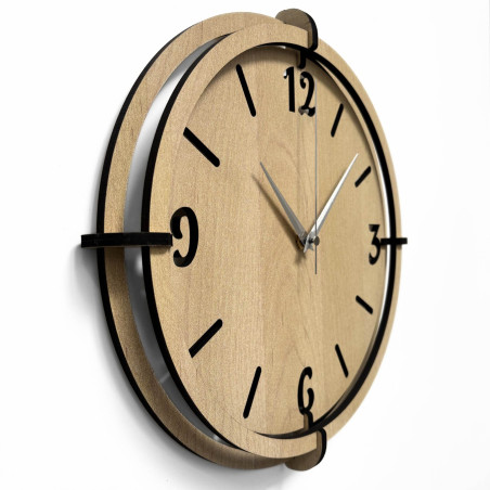 Modern wooden wall clock with plastic 3D numbers and a distinctive frame in a natural decor.