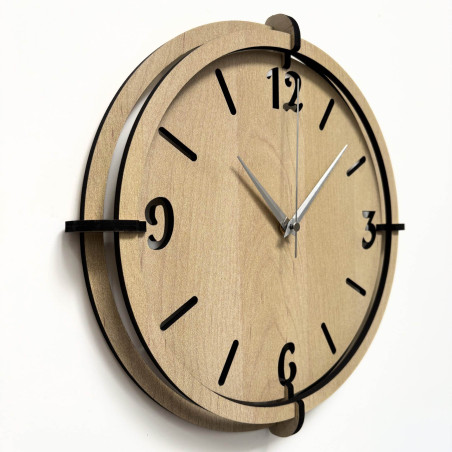 Designer clock made of HDF board with a layered dial and minimalist style for the living room.