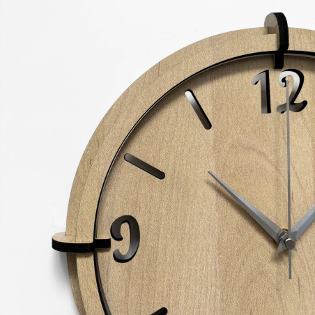 Designer clock made of HDF board with a layered dial and minimalist style for the living room.