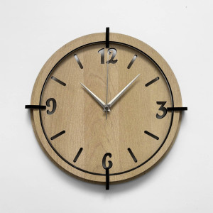 Modern wooden wall clock with plastic 3D numbers and a distinctive frame in a natural decor. 2