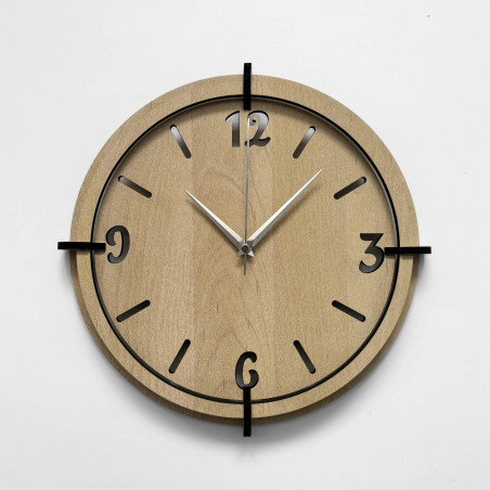 Modern wooden wall clock with plastic 3D numbers and a distinctive frame in a natural decor.