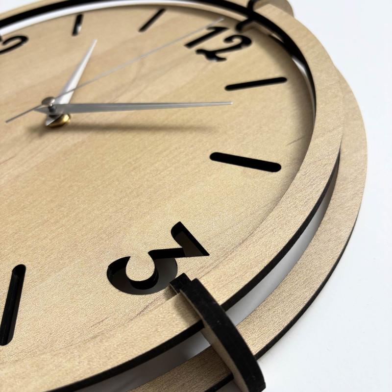 Designer clock made of HDF board with a layered dial and minimalist style for the living room.