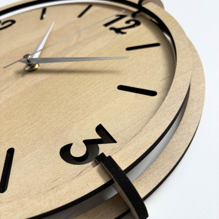 Designer clock made of HDF board with a layered dial and minimalist style for the living room.