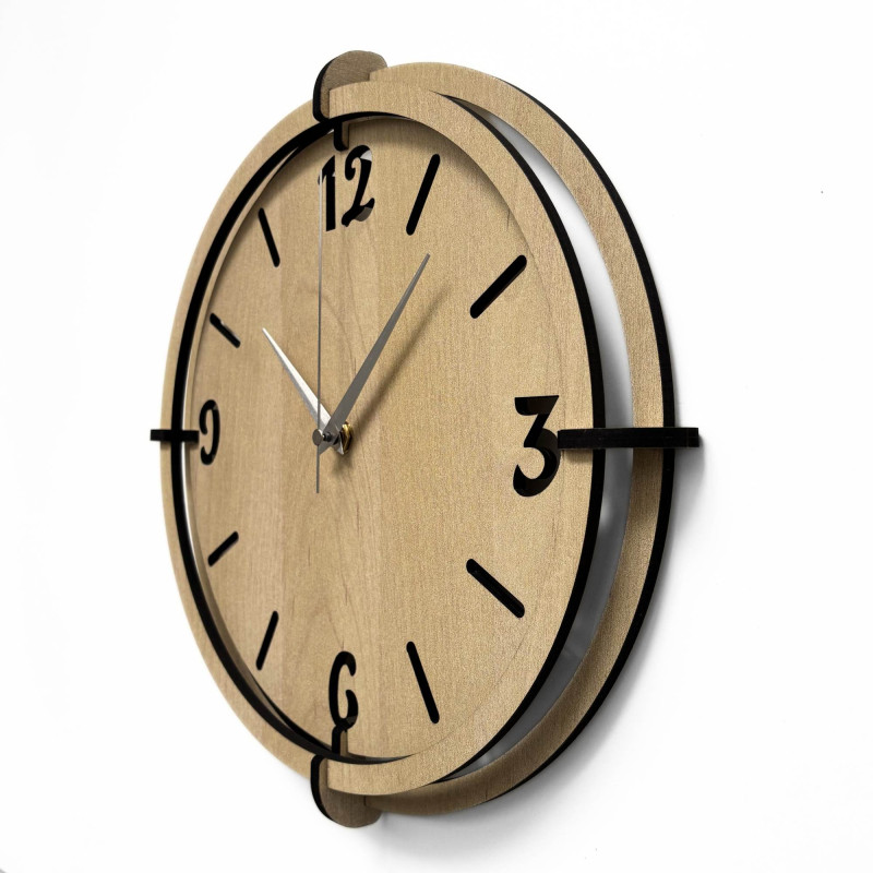 Designer clock made of HDF board with a layered dial and minimalist style for the living room.