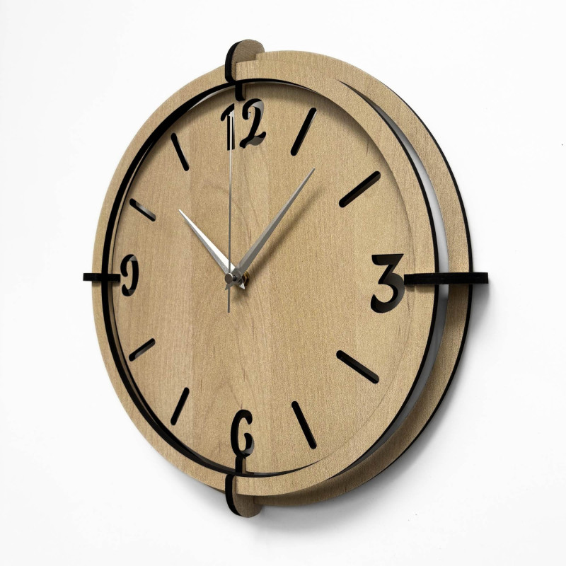 Elegant wall clock with 3D numbers, natural wood grain and a modern look.