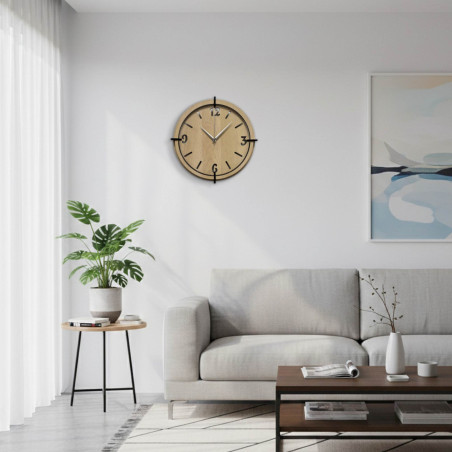 Elegant wall clock with 3D numbers, natural wood grain and a modern look.