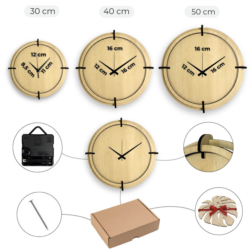 Elegant wall clock with 3D numbers, natural wood grain and a modern look.