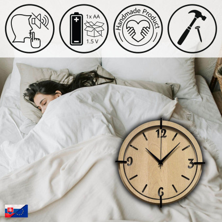 Elegant wall clock with 3D numbers, natural wood grain and a modern look.