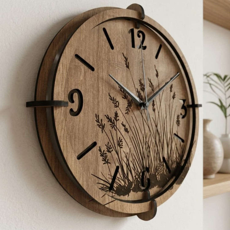 A wall clock that combines minimalist numbers and the harmony of meadow grass, perfect for the living room.
