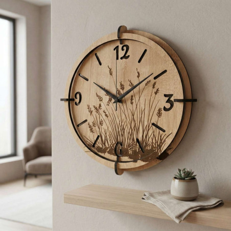 An elegant clock with a motif of numbers on a background of soft grass - a decoration for any living room.