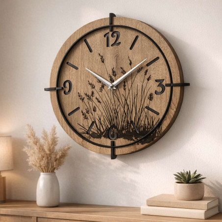 An elegant clock with a motif of numbers on a background of soft grass - a decoration for any living room.
