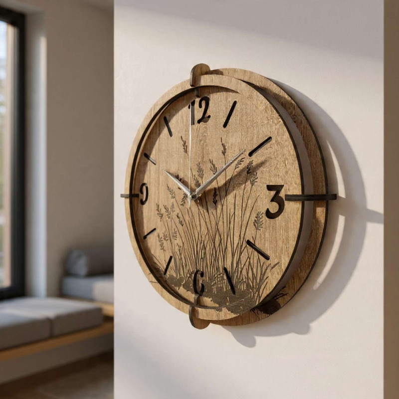 An elegant clock with a motif of numbers on a background of soft grass - a decoration for any living room.