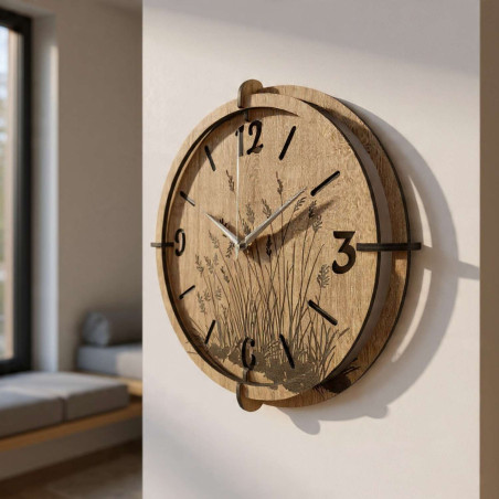 An elegant clock with a motif of numbers on a background of soft grass - a decoration for any living room.