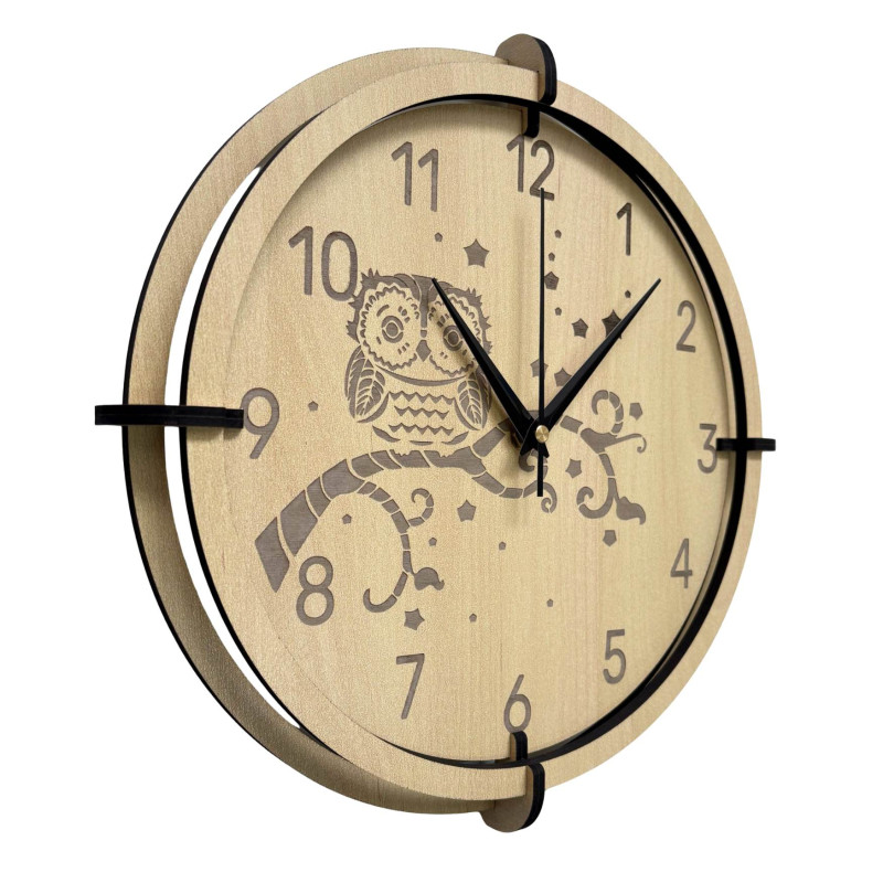 Children's owl wall clock made of maple wood brings peace and playfulness.