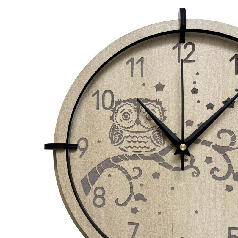 Children's owl wall clock made of maple wood brings peace and playfulness.