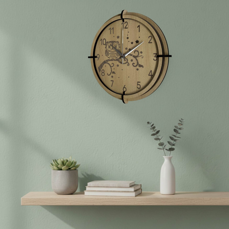 Silent maple owl clock - a perfect addition to a child's room and playroom.