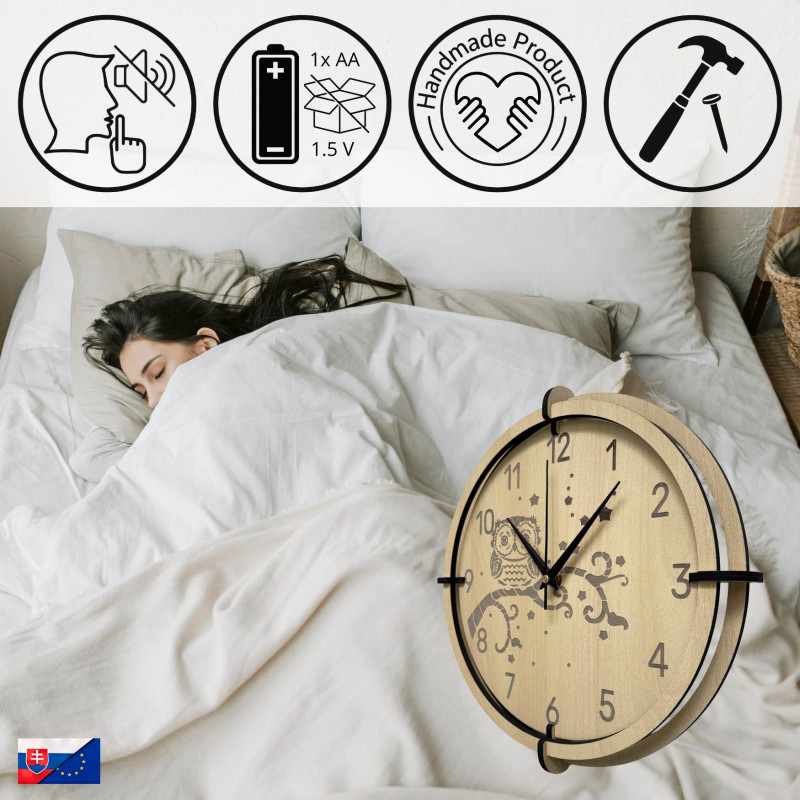 Children's owl wall clock made of maple wood brings peace and playfulness.