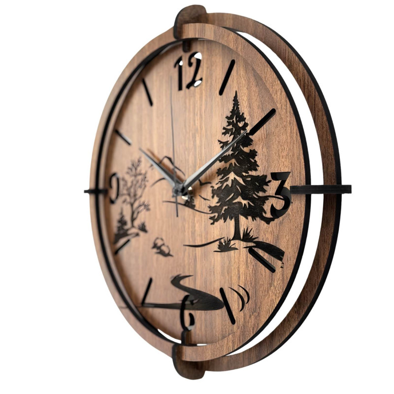 Wooden 3D clock with a forest and mountain motif - bring a piece of wild nature right into your home.