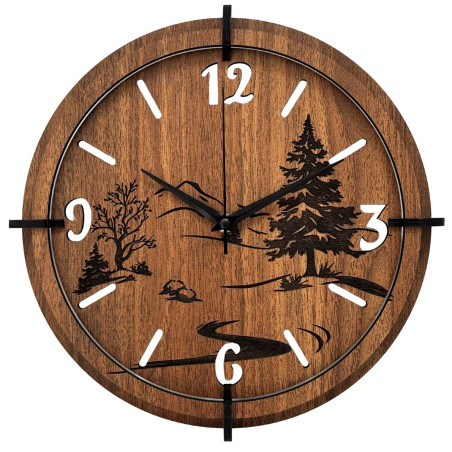 Wooden 3D clock with a forest and mountain motif - bring a piece of wild nature right into your home.