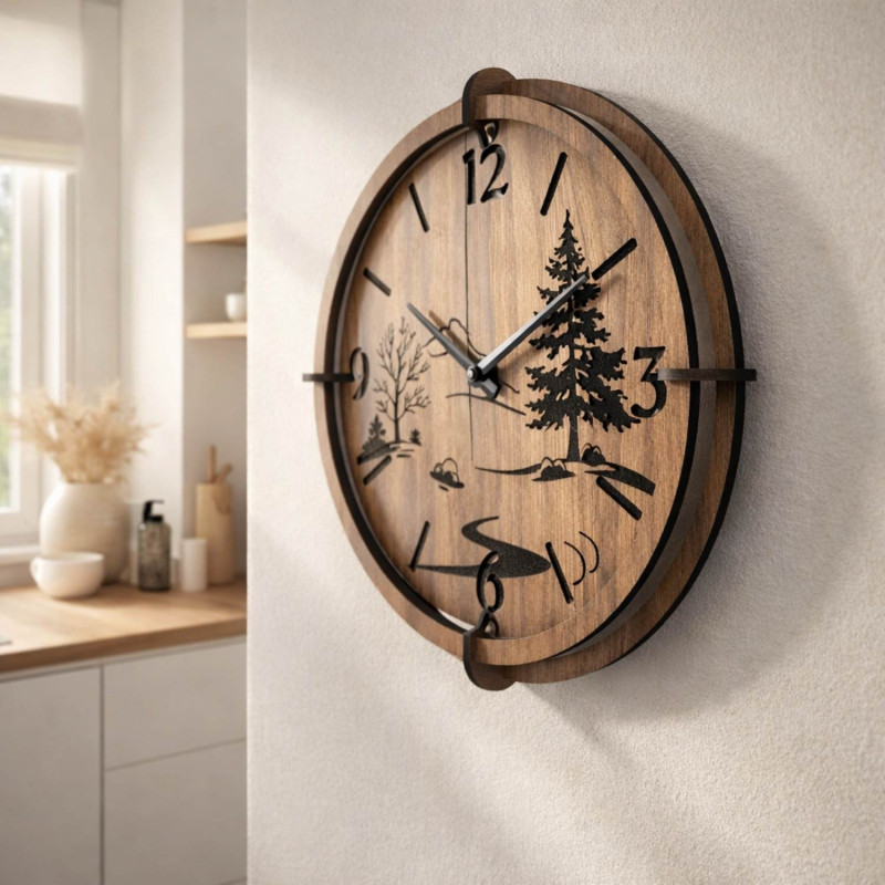 Modern wall clock with a forest panorama. Quiet operation and a unique design for your interior.