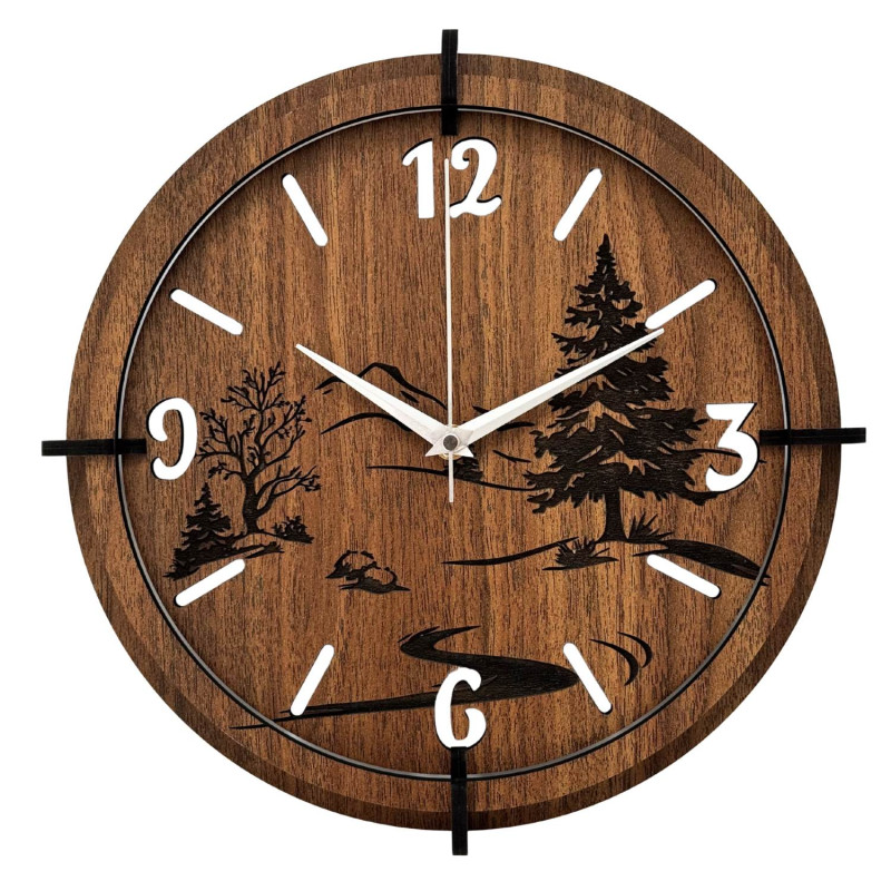 Wooden 3D clock with a forest and mountain motif - bring a piece of wild nature right into your home.