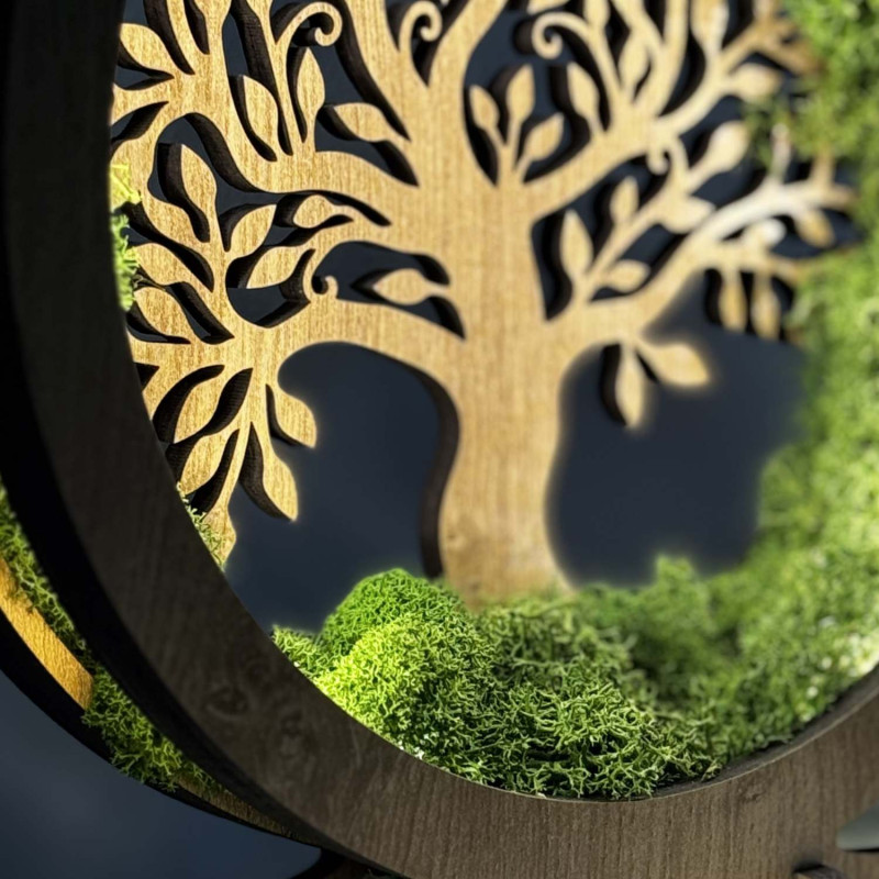 Dimmable LED decoration Tree of Life with real moss in an oak frame.
