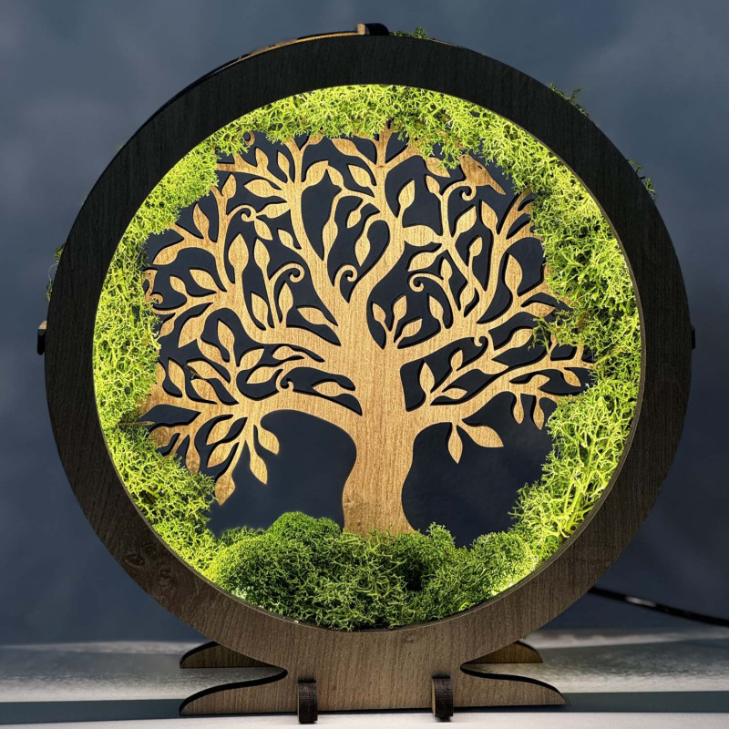 Dimmable LED decoration Tree of Life with real moss in an oak frame.