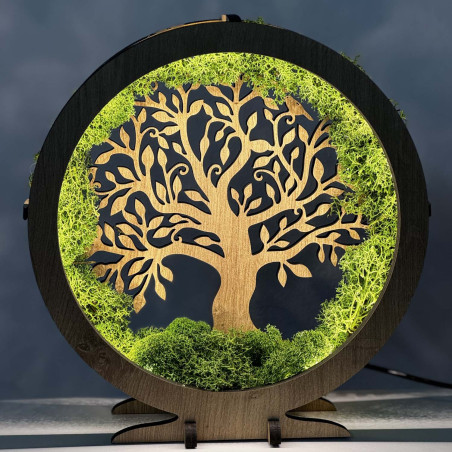 Dimmable LED decoration Tree of Life with real moss in an oak frame.