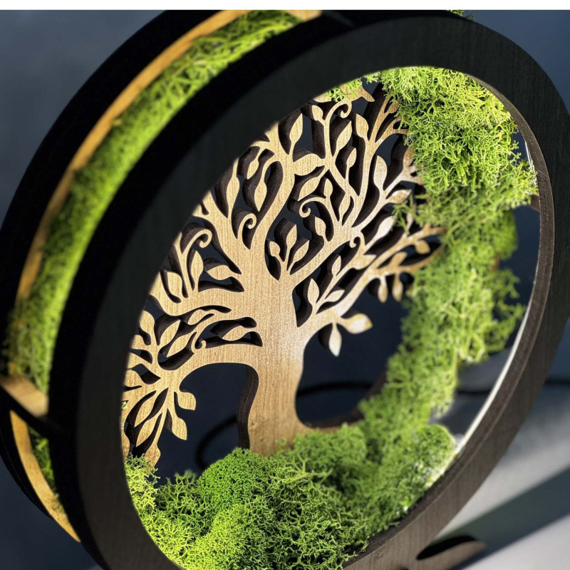 Dimmable LED decoration Tree of Life with real moss in an oak frame.